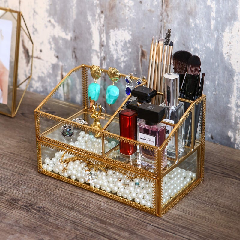 Levilan Golden Glass Box Vanity Tray Glass Case Makeup Display Organizer on Dresser, Multifunctional Cosmetic Storage for Palette Lipstick Makeup Brushes Skincare Perfumes Bathroom Accessories - Image 5